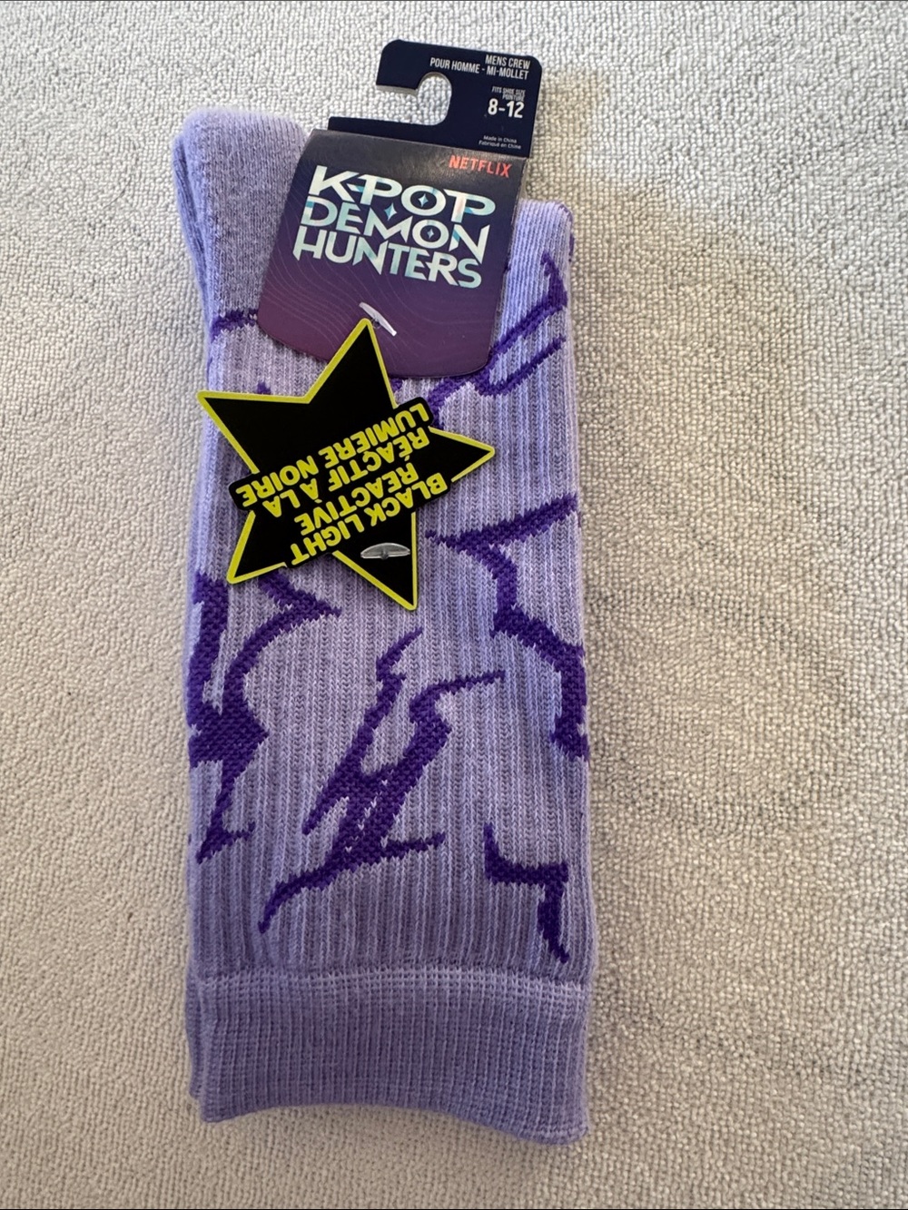 Netflix K-Pop Demon Hunters Lavender and Purple Crew Socks Blacklight Reactive